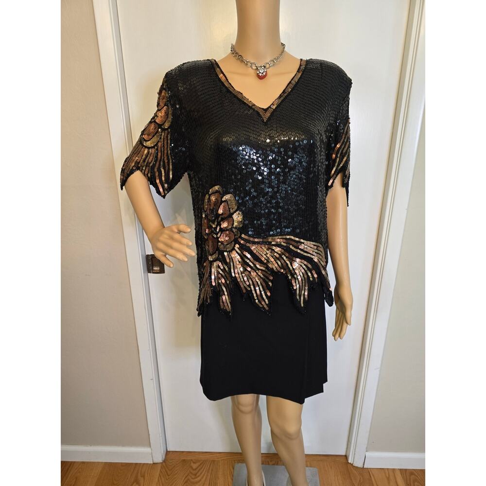 1980s Black and Gold Silk Sequin Floral Blouse Party Top Size Medium